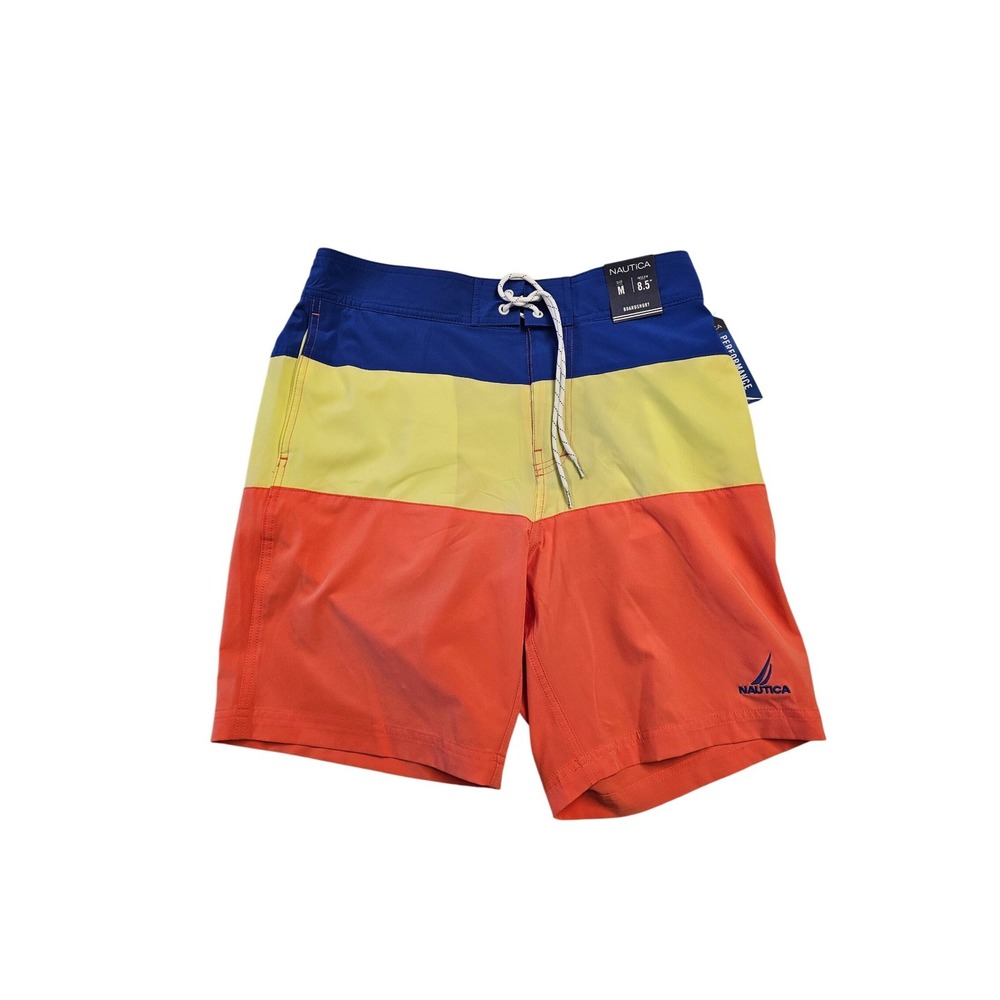 Nautica Mens Colorblock Boardshorts‎ Blue Yellow Coral Swim Trunks Size M 8.5"